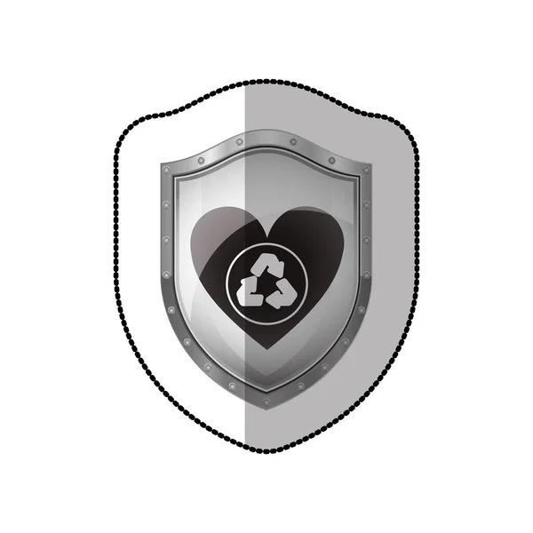Etiqueta engomada media sombra de escudo con corazón con símbolo de reciclaje — Archivo Imágenes Vectoriales