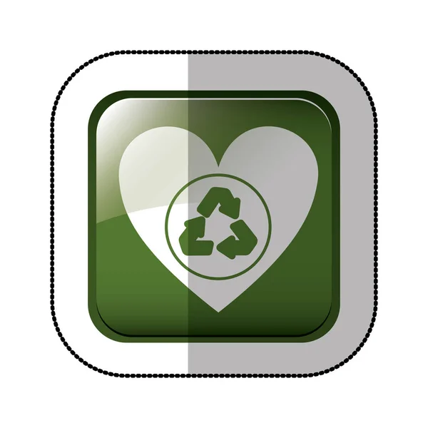 Autocollant ombre du milieu de carré vert avec coeur avec symbole de recyclage — Image vectorielle
