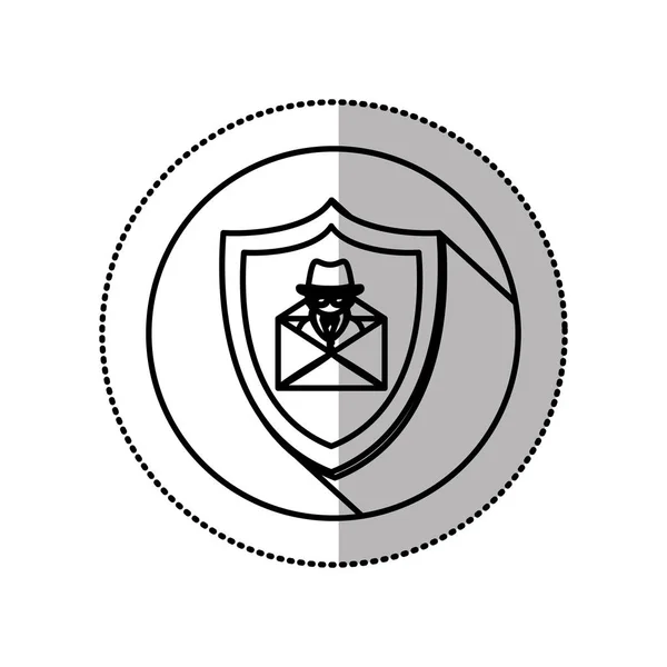 Adesivo de sombra meio monocromático com círculo com escudo e hacker de correio —  Vetores de Stock
