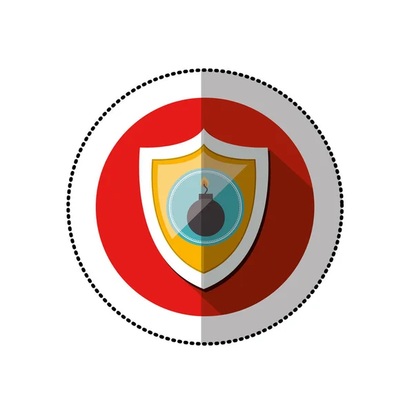 Etiqueta engomada colorida sombra media con círculo con escudo y bomba — Vector de stock