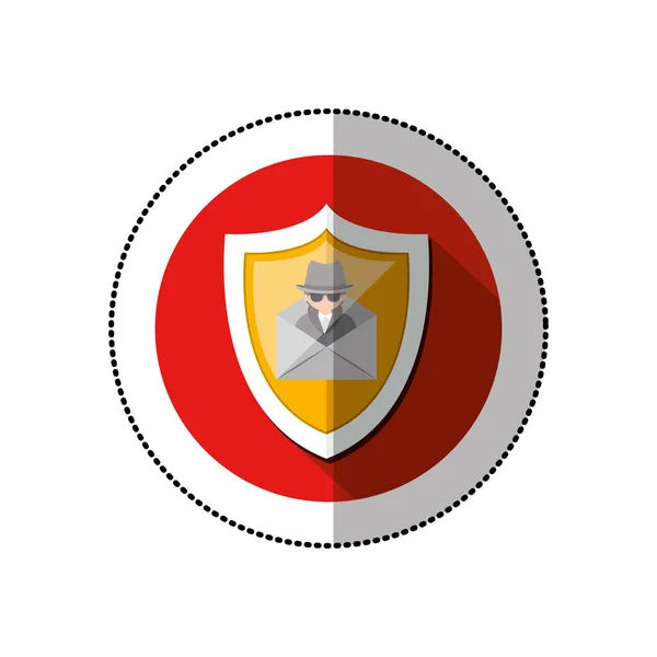 Färgglada mellersta skugga klistermärke med röd cirkel med sköld och post hacker — Stock vektor