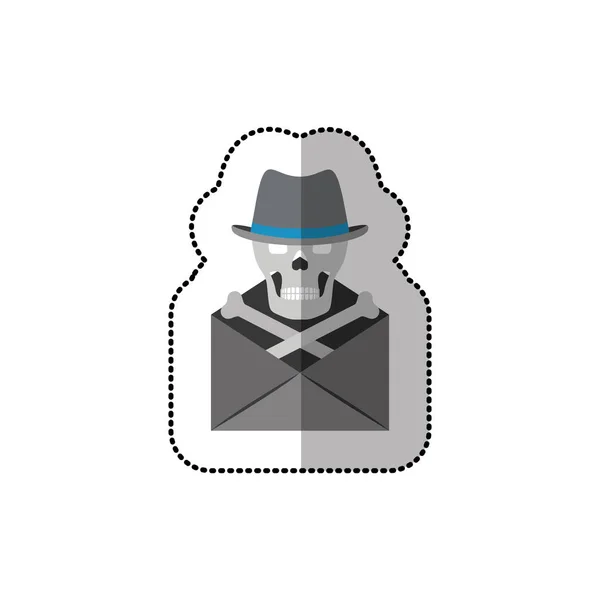 Autocollant ombre moyenne en niveaux de gris du crâne et des os du virus du courrier avec chapeau — Image vectorielle