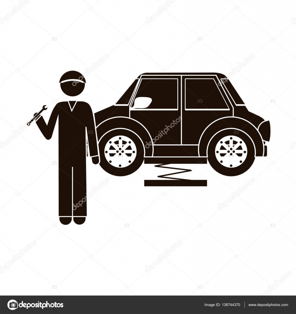 黒シルエット メカニックのスパナと車 ストックベクター C Grgroupstock
