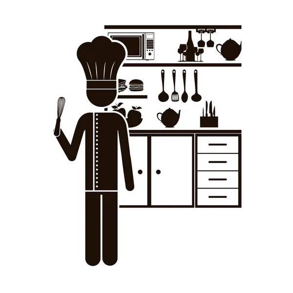 Zwarte silhouet chef-kok in de keuken — Stockvector