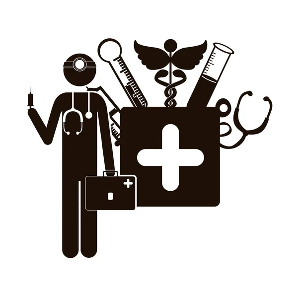 Svart siluett läkare med medicinska verktyg — Stock vektor