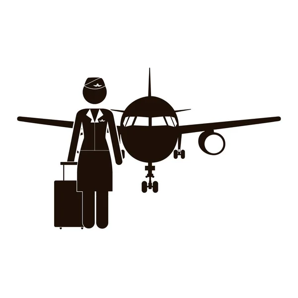 Silhouette noire agent de bord et avion — Image vectorielle