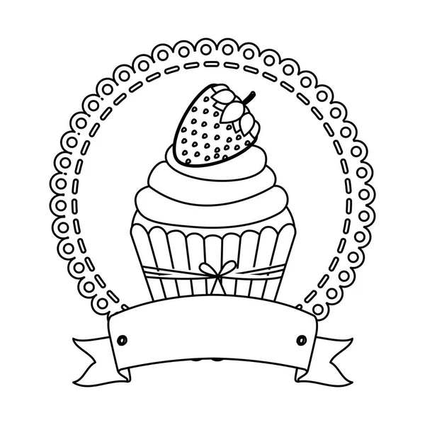 Contour bordure circulaire avec cupcake à la crème et fraise — Image vectorielle