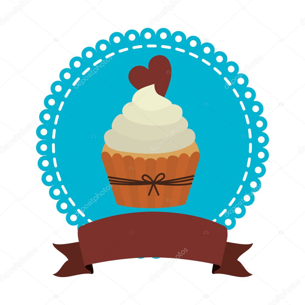 circular border with cupcake with cream and chocolate cookie