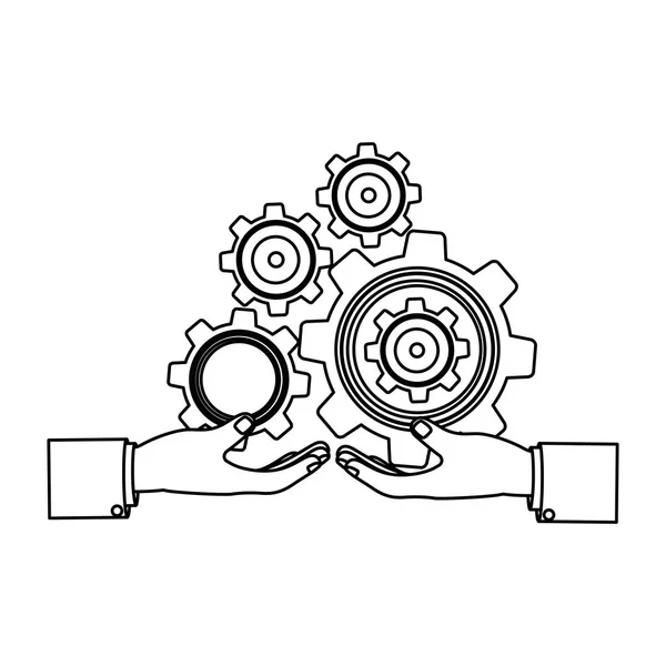 Silueta monocromática con las manos sostienen ruedas de engranaje — Archivo Imágenes Vectoriales
