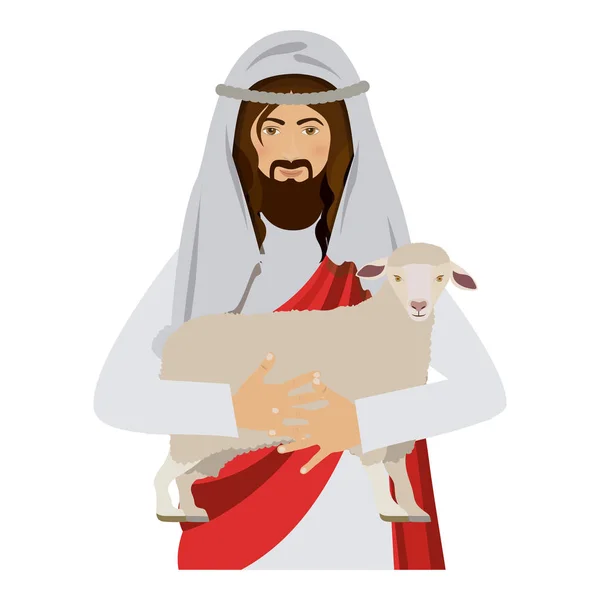 Medio cuerpo Jesús llevando una oveja — Vector de stock