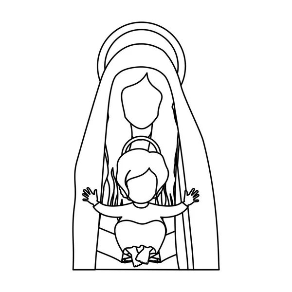 Contur jumătate corp sfânt fecioară Mary cu copil Isus — Vector de stoc