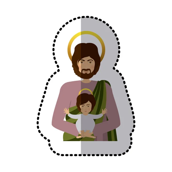 Sticker medium shade of half body saint joseph with baby jesus — Stock Vector
