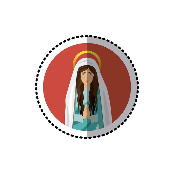 Etiqueta circular com meio corpo santo virgem Maria rezando —  Vetores de Stock