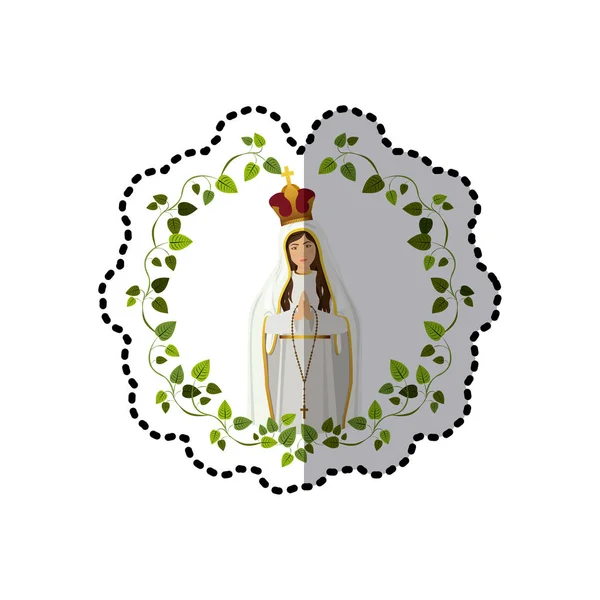 Pegatina arco de hojas con santa virgen coronada — Vector de stock
