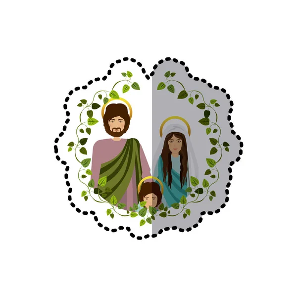 Sticker boog van groene bladeren met halve lichaam beeld van de Heilige familie — Stockvector