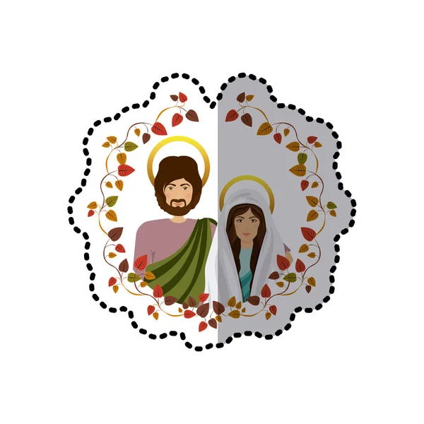 Klistermärke ornament med blad och halva kroppen bilden färgglada Jungfru Maria och Sankt Josef — Stock vektor