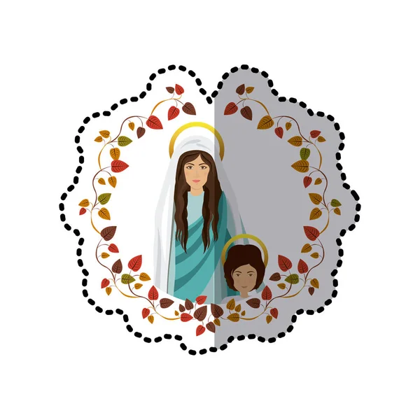 Наклейка дуга листьев со святой Девой Марией и ребенком Иисусом — стоковый вектор