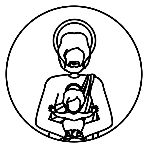 Forma circular con contorno medio cuerpo santo jovenes con bebé jesus — Vector de stock