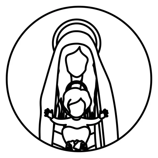 Forma circular com contorno meio corpo santo virgem maria com bebê jesus — Vetor de Stock