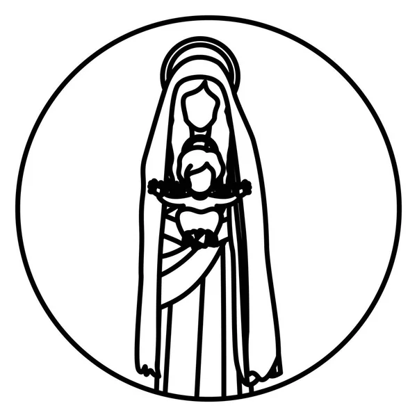 Rund form med contour saint Jungfru Maria med Jesusbarnet — Stock vektor