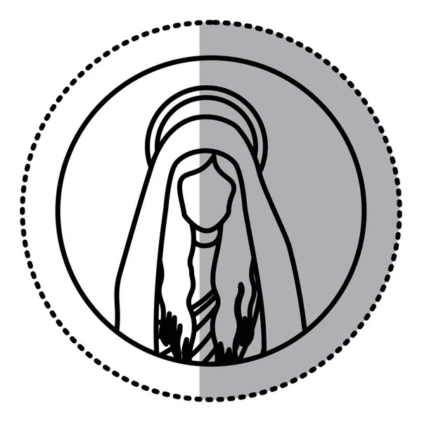 Pegatina circular con silueta medio cuerpo santa virgen María — Vector de stock