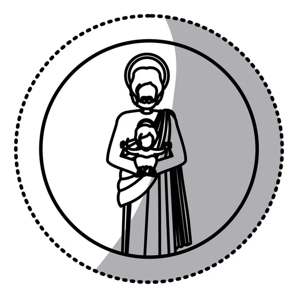 Autocollant circulaire avec silhouette de saint Joseph avec bébé Jésus — Image vectorielle