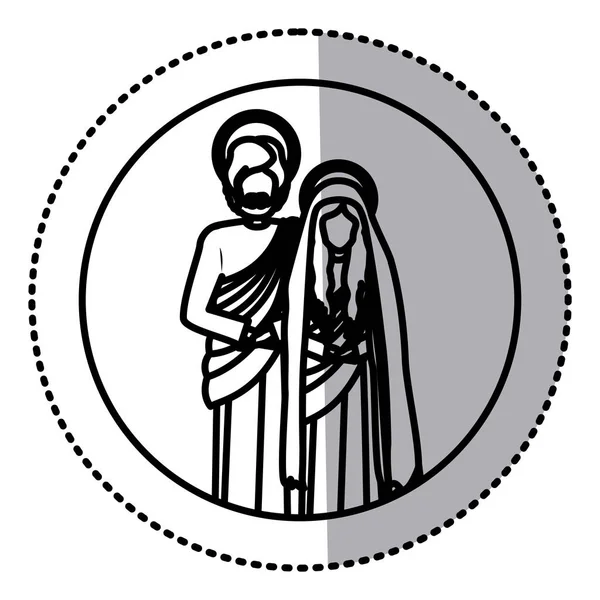 Круглая наклейка с контуром Девы Марии и святого Иосифа — стоковый вектор