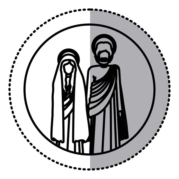 Etiqueta circular com silhueta virgem Maria e santo joseph de pé — Vetor de Stock