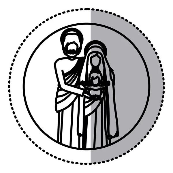 Cirkulär klistermärke med silhuetten av heliga familjen stående — Stock vektor