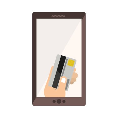 elinde kredi kartı ile ekranlı cep telefonu