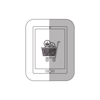 tablet ile tam alışveriş sepeti ile gri tonlamalı orta gölge etiket