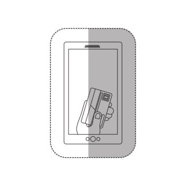 gri tonlamalı cep telefonu ile gölge etiket orta ve kredi kartı ile el görüntülemek