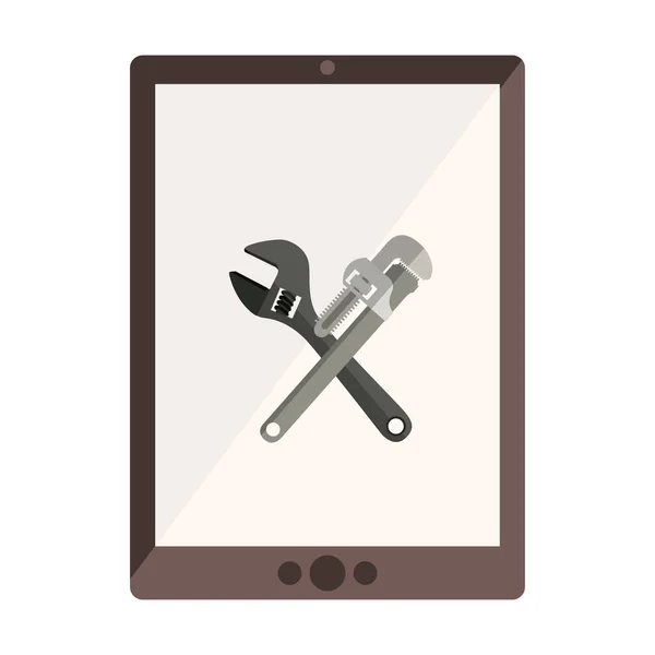 Monochrome tablet with crossed wrenches in display — Stock Vector