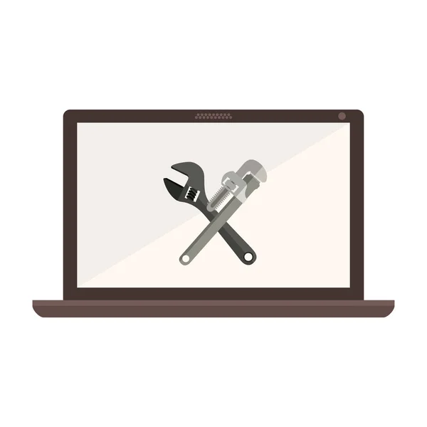 Monochrome laptop with crossed wrenches in display — Stock Vector