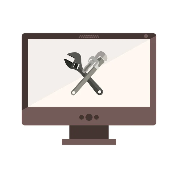 Monochrome desktop computer with crossed wrenches in display — Stock Vector