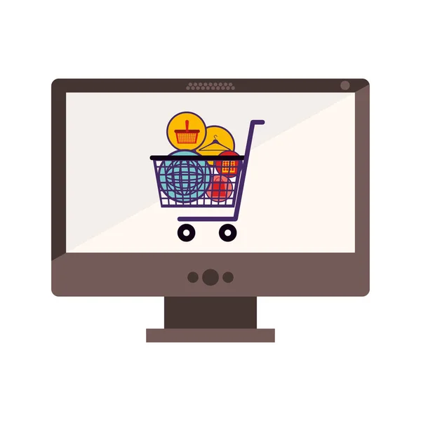 Desktop computer with full shopping cart — Stock Vector