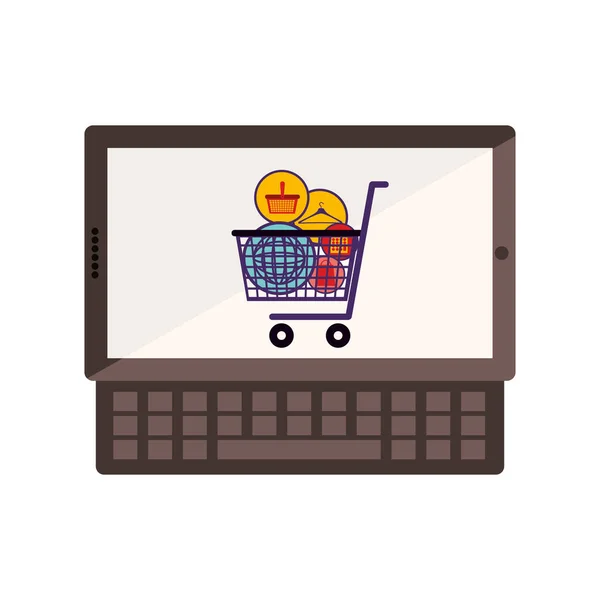 Tablet and keyboard with full shopping cart — Stock Vector