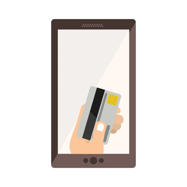 Cellphone with display with credit card in hand — Stock Vector