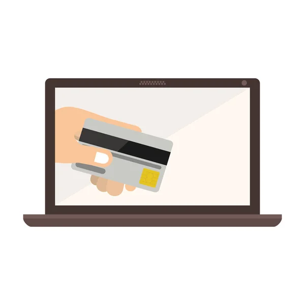 Laptop com display com cartão de crédito na mão — Vetor de Stock