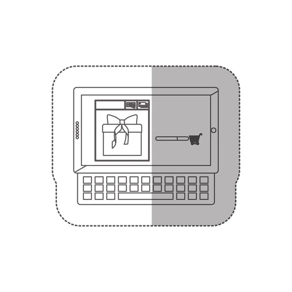 Etiqueta de sombra do meio em escala de cinza com tablet e teclado com presente no carrinho de compras — Vetor de Stock