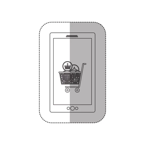 Pegatina de sombra media escala de grises con teléfono celular con carrito de compras completo — Archivo Imágenes Vectoriales