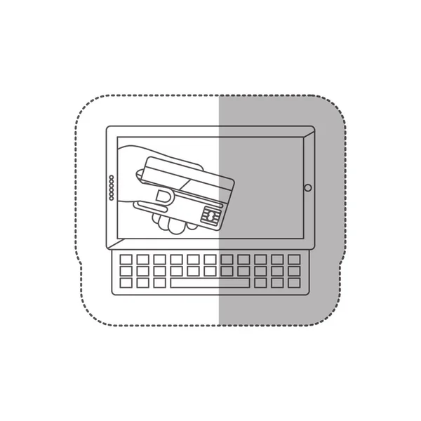 Graustufen-Aufkleber mit Tablet und Tastatur mit Display und Kreditkarte in der Hand — Stockvektor