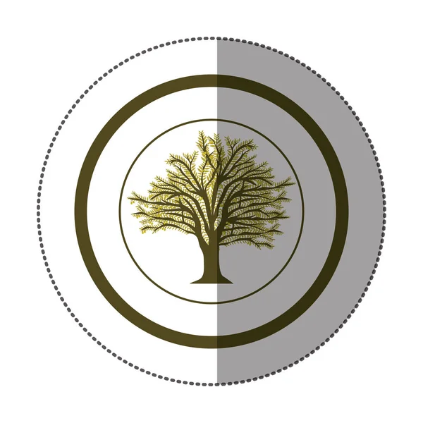 Наклейка круглая с деревьями с разветвлениями и листьями — стоковый вектор