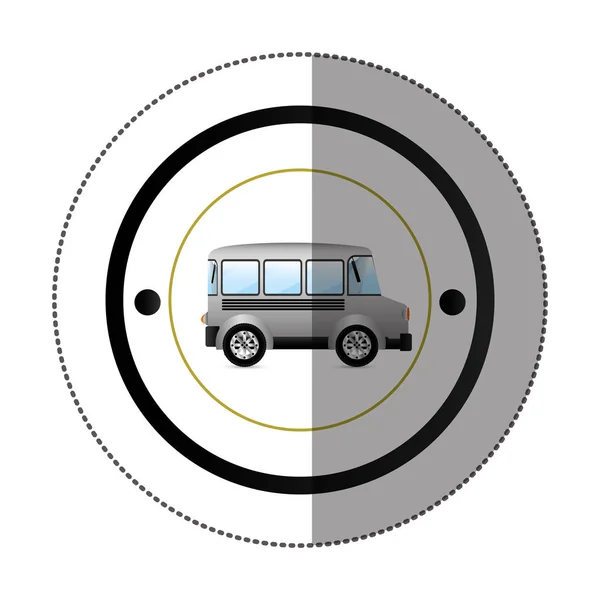 Etiqueta com forma circular com mini ônibus colorido — Vetor de Stock