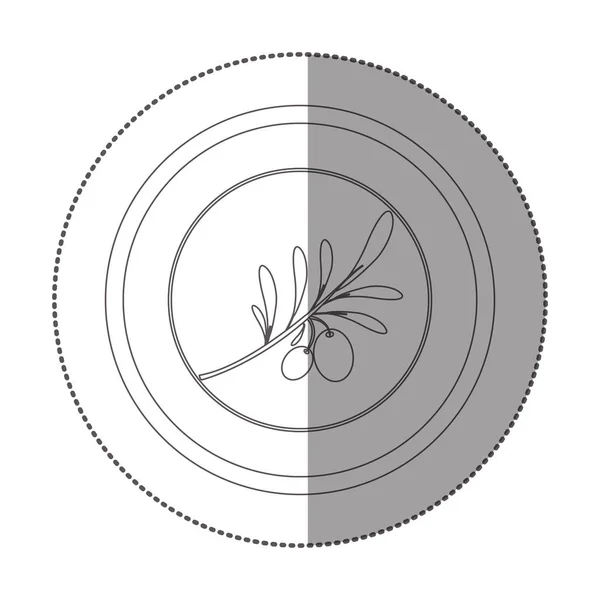 Autocollant silhouette forme circulaire avec branche aux feuilles et fruits — Image vectorielle