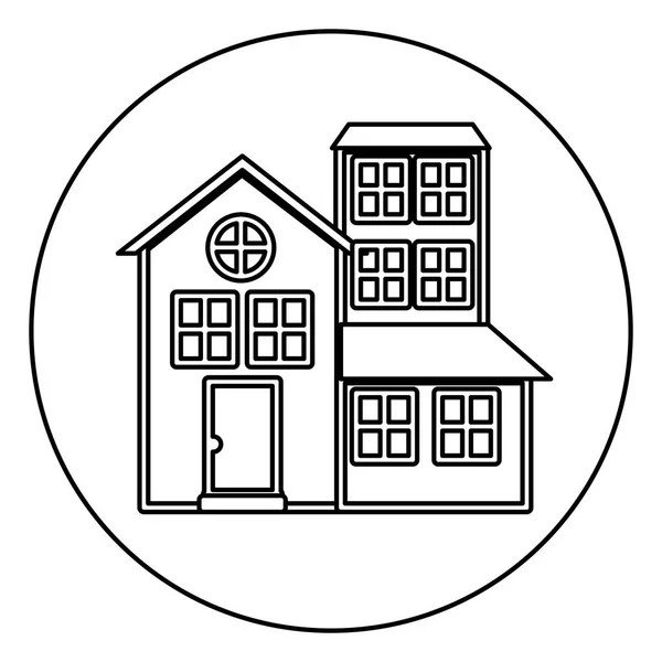 单色轮廓圆的三层楼的房子 — 图库矢量图片