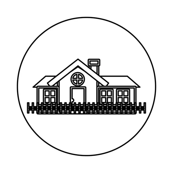 Círculo de contorno monocromático da casa com chaminé e cerca de madeira — Vetor de Stock