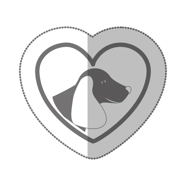 Grayscale silhouette middle shadow sticker with dachshund dog inside of heart — Stock Vector