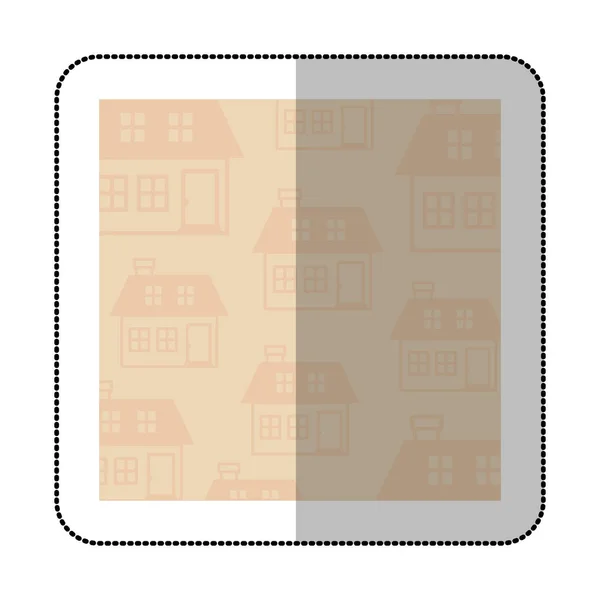 Color etiqueta engomada sombra central con cuadrado con patrón de casa — Vector de stock