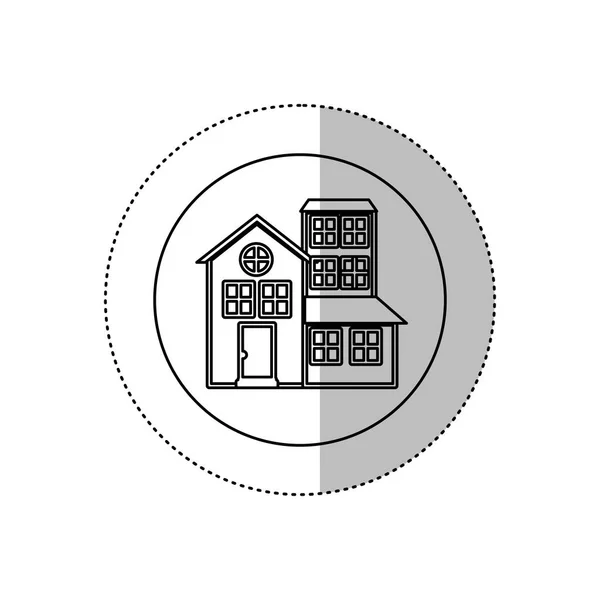 Contour monochrome avec l'ombre du milieu autocollant en cercle de la maison avec trois étages — Image vectorielle